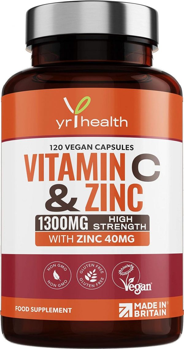 Vitamin C 1300mg and Zinc 40mg High Strength - VIT C and Zinc for Maintenance of Normal Immune System - 120 Vegan Capsules not Tablets - 2 per Daily Serving...