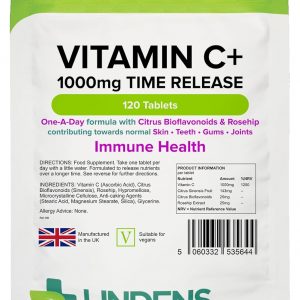 Lindens Vitamin C+ 1000mg Time Release Tablets - 120 Pack - with Citrus Bioflavonoids and Rosehip - Contributes to Immune System Health, Reduces Tiredness...
