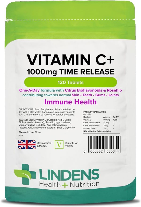 Lindens Vitamin C+ 1000mg Time Release Tablets - 120 Pack - with Citrus Bioflavonoids and Rosehip - Contributes to Immune System Health, Reduces Tiredness...