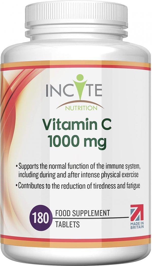 Vitamin C 1000mg | 180 Premium Tablets (6 Month’s Supply) | High Dose Quality Ascorbic Acid | Suitable for Vegetarian & Vegans| Made in The UK by Incite...