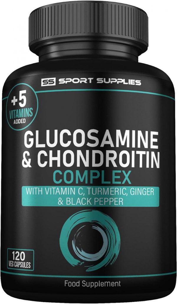 Glucosamine and Chondroitin High Strength Plus 5 Vitamins - 120 Glucosamine Complex Capsules 1,000mg - Chondroitin 200mg - Added Turmeric, Ginger, Black Pepper, Vitamin C, B6, B1, D3 and Vitamin B12