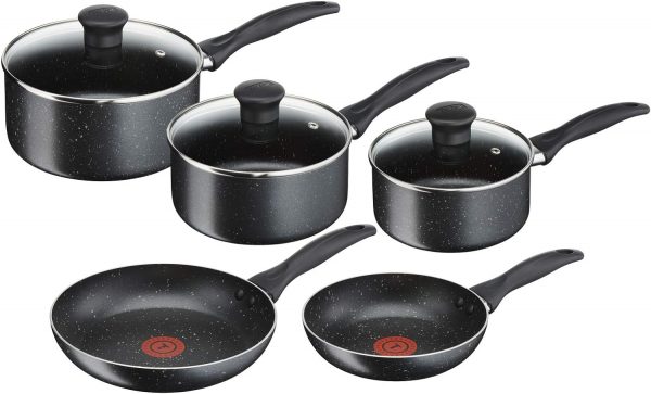 Tefal 5 Piece Origins Stone Pots and Pans set, Non Stick, Aluminium, Black,