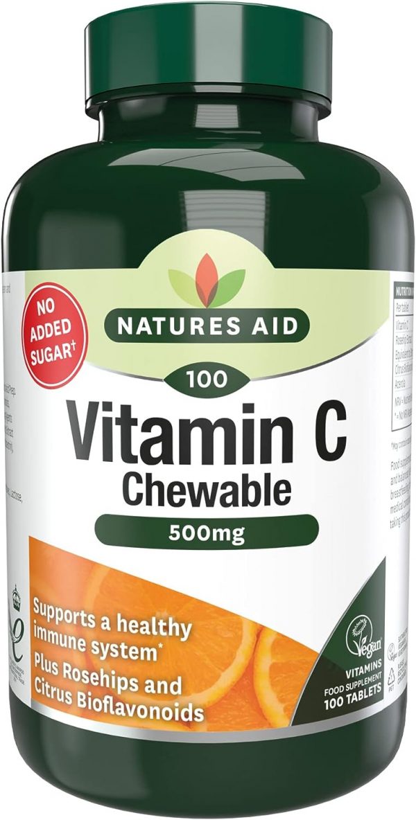 Natures Aid Chewable Vitamin C 500 mg, Sugar Free, Suitable for Vegans, 100 Tablets