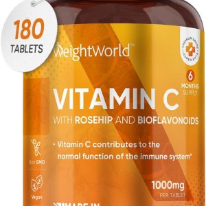 Vitamin C 1000mg – 180 High Strength Vitamin C Tablets with Rosehip & Bioflavonoids - Vegan Vitamin C Supplement (As Ascorbic Acid) for Immune System –...