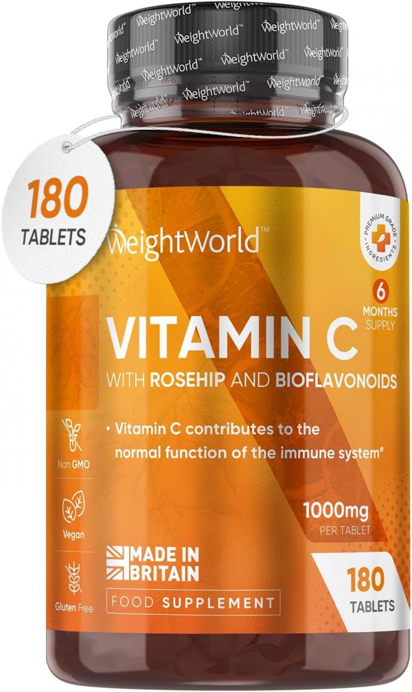 Vitamin C 1000mg – 180 High Strength Vitamin C Tablets with Rosehip & Bioflavonoids - Vegan Vitamin C Supplement (As Ascorbic Acid) for Immune System –...