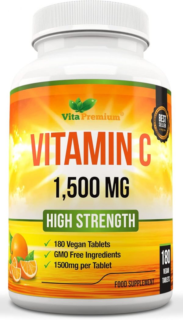 Vitamin C 1500mg per Tablet, High Strength 180 Vegan Tablets, Food Supplement, 6 Month Supply - Made in UK