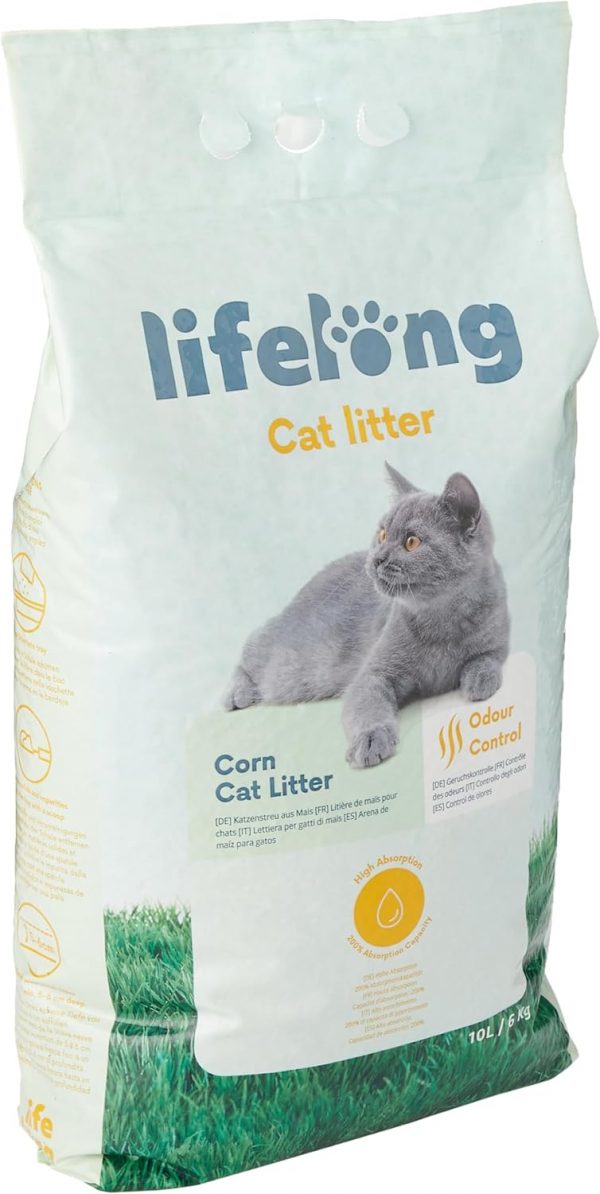 Amazon Brand - Lifelong Clumping Corn Cat Litter, Unscented, 10 L