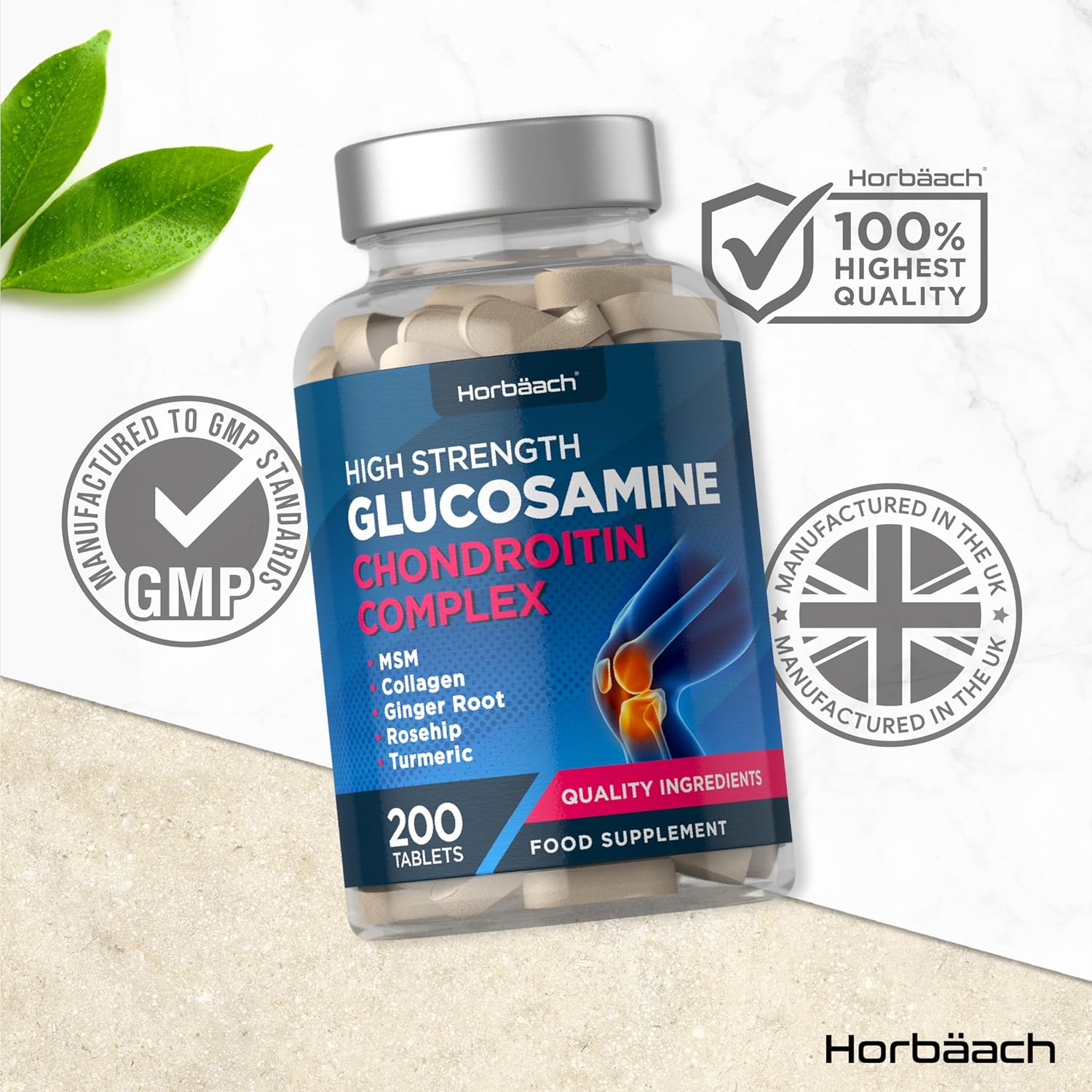 Glucosamine and Chondroitin High Strength Complex | 200 Tablets | with MSM, Collagen, Ginger Root and Bioflavonoids | by Horbaach
