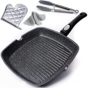 Chef Wonderful Non-Stick Griddle Pan for All Hobs with Glove & Cloth. Aluminium Steak Pan (28cm) Marble Coating & Detachable Handle. Griddle Pan for...