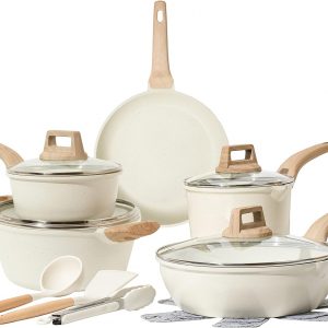 CAROTE Pots and Pans Set Nonstick,White Granite Induction Kitchen Cookware Sets,14 Pcs Non Stick Cooking Set w/Frying Pans & Saucepans(PFOS, PFOA Free)