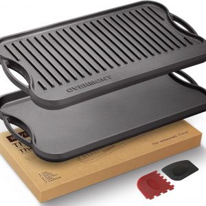 OVERMONT Pre-Seasoned Cast Iron Reversible Griddle Grill Pan with Handles for Gas Stovetop Open Fire Oven, 43.18 * 24.89CM (17x9.8) - One Tray, Scrapers...