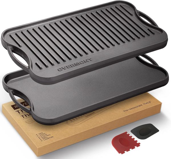 OVERMONT Pre-Seasoned Cast Iron Reversible Griddle Grill Pan with Handles for Gas Stovetop Open Fire Oven, 43.18 * 24.89CM (17x9.8) - One Tray, Scrapers...