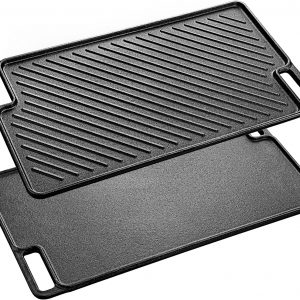 Velaze Cast Iron Griddle Pan for Gas Hobs with Ridged and Flat Surfaces, Grill Pan Non-Stick Drains Fat for BBQ Steak Pan Reversible Pan 45.5 x 26cm