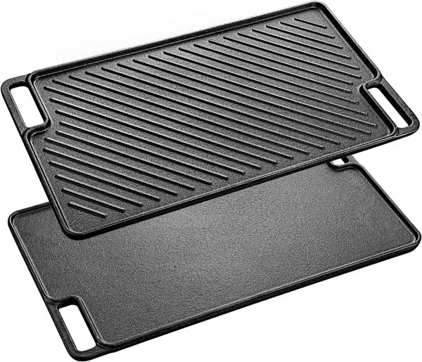 Velaze Cast Iron Griddle Pan for Gas Hobs with Ridged and Flat Surfaces, Grill Pan Non-Stick Drains Fat for BBQ Steak Pan Reversible Pan 45.5 x 26cm