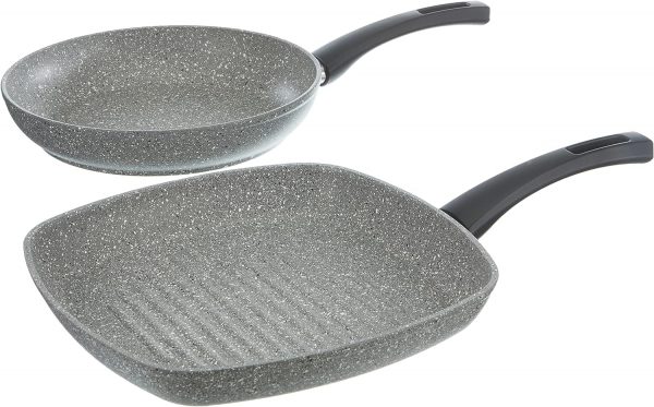 KARACA Gris Biogranite Grill Pan and Pan Set, 2 Pieces, 1 X Frying Pan 26 cm, 1 X Grill Pan 28 cm, Frying Pans, Crepe Pan Granite, Healthy Non-Stick Coating...