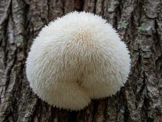 hericium-erinaceus-This image showcases a close-up view of a unique lion's mane mushroom, a fascinating edible fungus