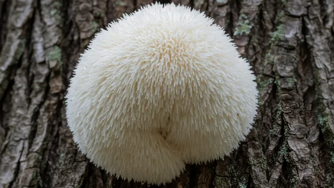 hericium-erinaceus-This image showcases a close-up view of a unique lion's mane mushroom, a fascinating edible fungus