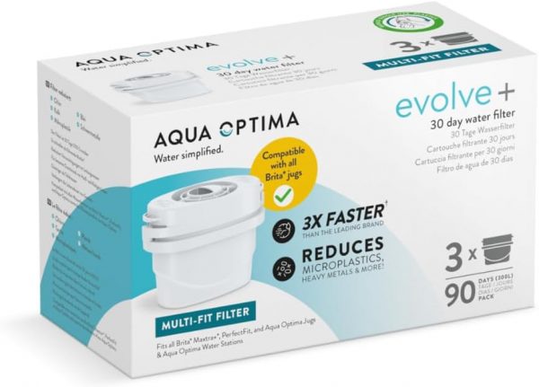 Aqua Optima EPS319 Optima, Evolve+ 3 Pack (3 Months Supply) Water Filter Cartridge Compatible with Brita, Maxtra+ & PerfectFit, White [Energy Class A]