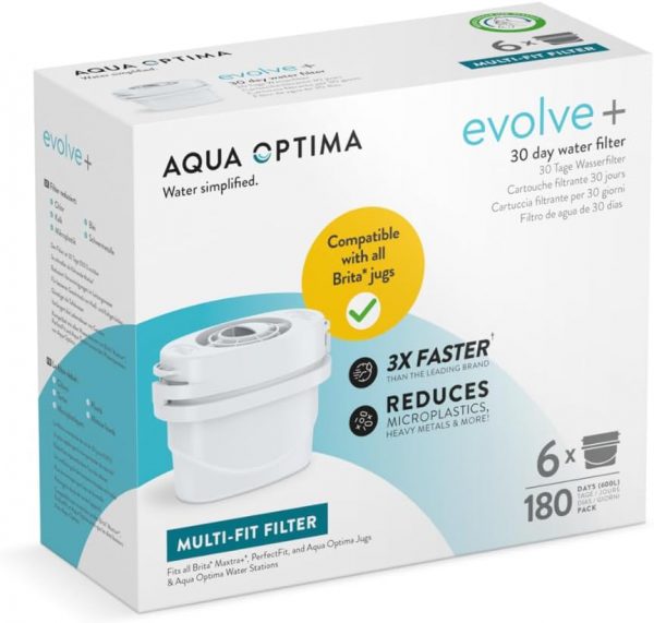 Aqua Optima Water Filter Cartridge, 6 Pack (6 Months Supply), Evolve+, Compatible with Brita Maxtra, Maxtra+ & PerfectFit, 5 Stage Filtration System...