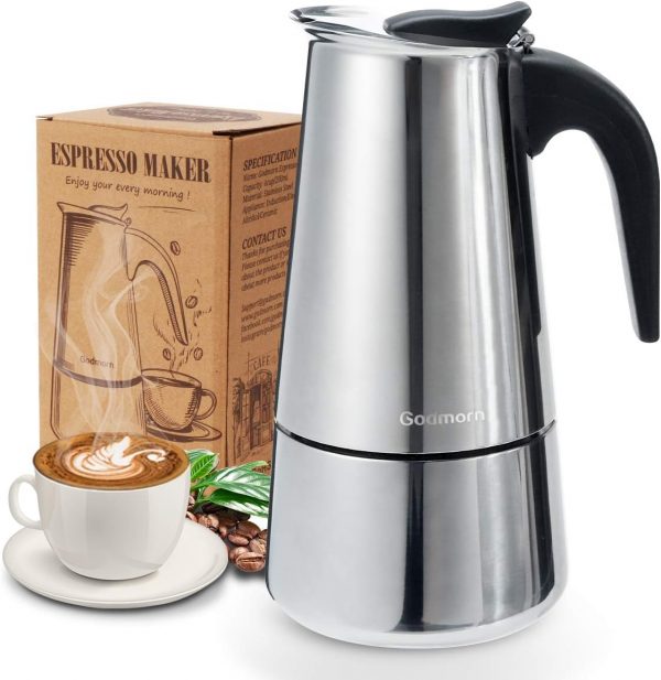 Godmorn Stovetop Espresso Maker, Italian Coffee Maker Moka Pot, 300ml/6 Cup (Espresso Cup=50ml), 430 Stainless Steel Classic Cafe Maker, Suitable for...