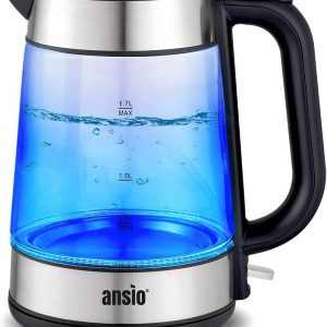 ANSIO Electric Kettle Glass Kettle 1.7L Cordless Clear Kettle 2200W Removable Filter, Boil Dry Protection & Auto Shut Off, Light Up, See Through...
