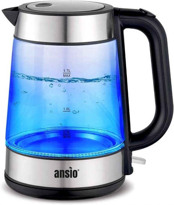 ANSIO Electric Kettle Glass Kettle 1.7L Cordless Clear Kettle 2200W Removable Filter, Boil Dry Protection & Auto Shut Off, Light Up, See Through...
