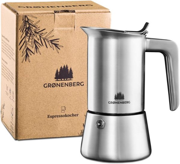Groenenberg Espresso Maker | Moka Pot Induction | 4-6 Cup stovetop Coffee Maker (200-300 ml) | Stainless steel Italian coffee maker incl. extra sealings...