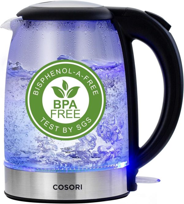 COSORI Electric Kettle Glass, Fast Boil Quiet, 3000W 1.5L with Blue LED, Stainless Steel Filter, Boil-Dry Protection, Black, BPA Free