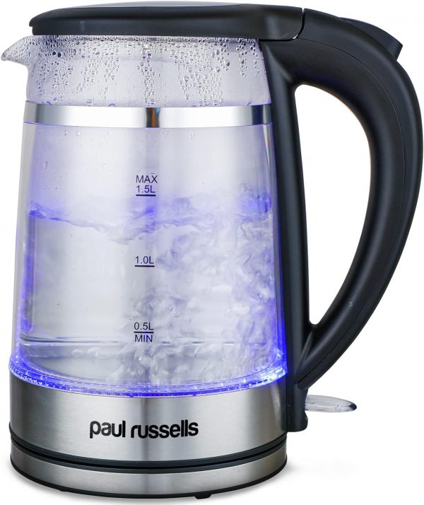 Paul Russells Electric Kettle, Quiet fast Boil, Double Layer Glass,3000W 1.5L with Blue LED, Boil-Dry Protection, Stainless Steel plate, Fast Boil Hot water...