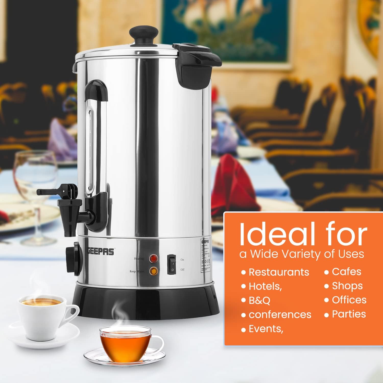 Geepas Electric Catering Urn, 950W Instant Hot Water Boiler Dispenser - Tea Urn Kettle Home Brewing Commercial or Office Use with Keep Warm- Easy Pour Tap,...