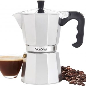 VonShef Stovetop Coffee Maker, 6 Cup Aluminium Italian Espresso Maker, 300ml Gas & Electric Stove Top Moka Pot with Replacement Gasket & Filter