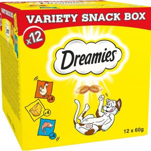 Dreamies Variety Snack Box , 60 g Pouches, Cat Treats Tasty Snacks with Delicious Chicken, Salmon and Cheese Flavours, (12x60g))