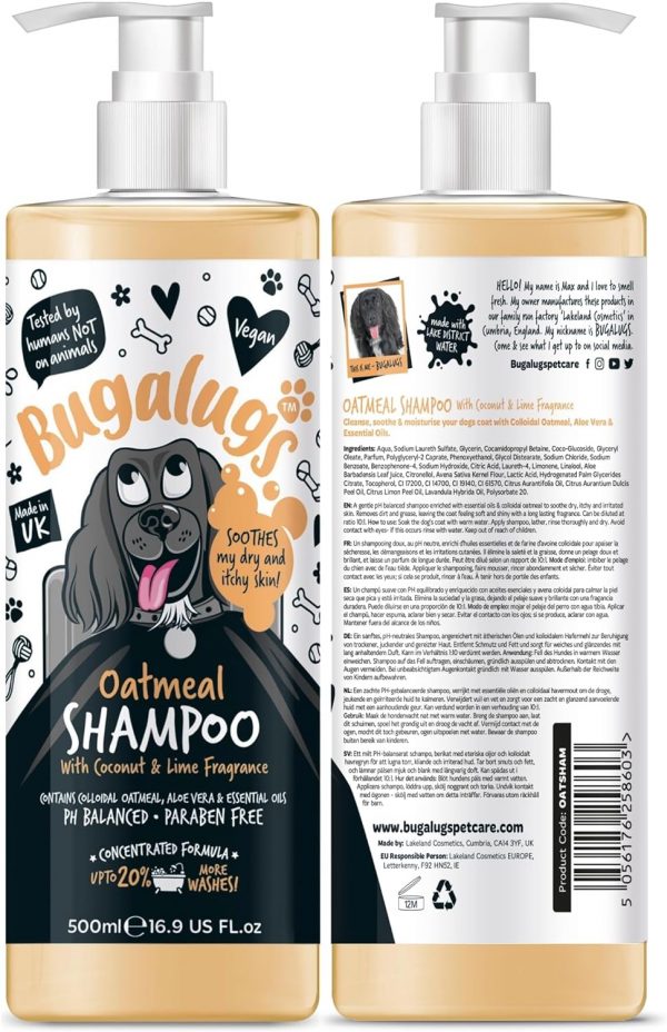 BUGALUGS Oatmeal & Aloe Vera Dog Shampoo dog grooming shampoo products for smelly dogs with fragrance, oatmeal puppy shampoo, professional Vegan pet...