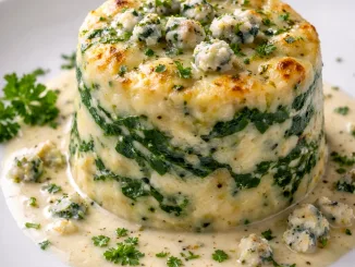 Stilton, potato and spinach timbale