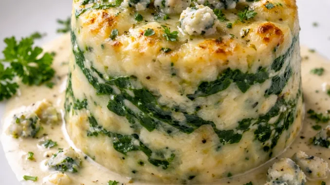Stilton, potato and spinach timbale