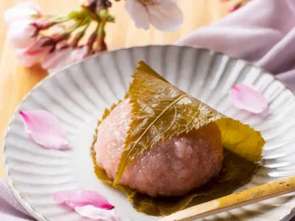 rice cake with bean paste wrapped in a preserved cherry leaf. Japanese Sweets. Sakura mochi