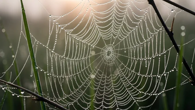 A finely detailed spider web adorned with numerous tiny water droplets glistens in soft morning...