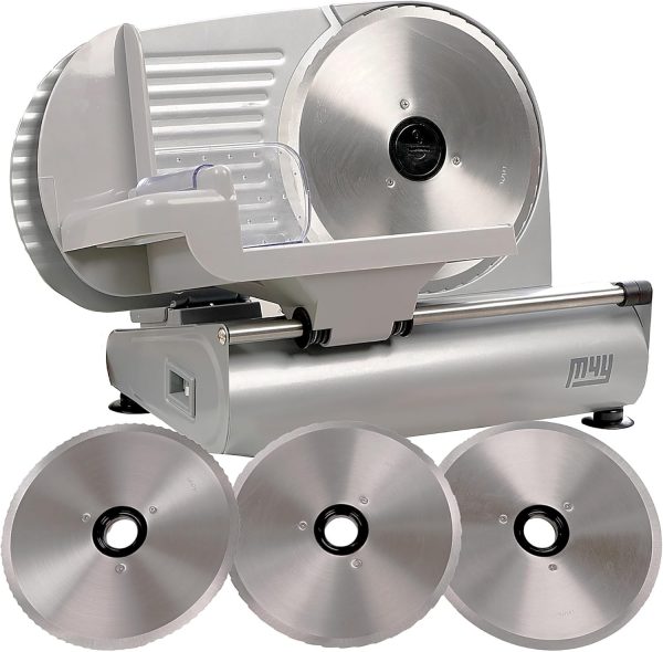M4Y Meat Slicer | X Large Heavy Duty 22cm Diameter Electric Food Deli Cheese Bread Specialist Cutting Machine | Includes 3 X Interchangeable 22cm Stainless...