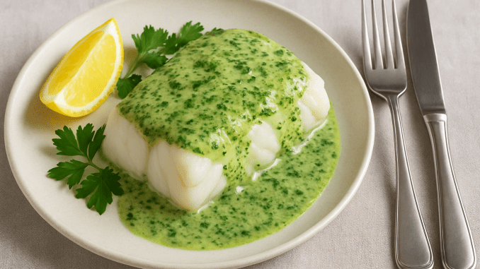 cod in parsley sauce, lemon wedge, sprigs of parsley, knife and fork