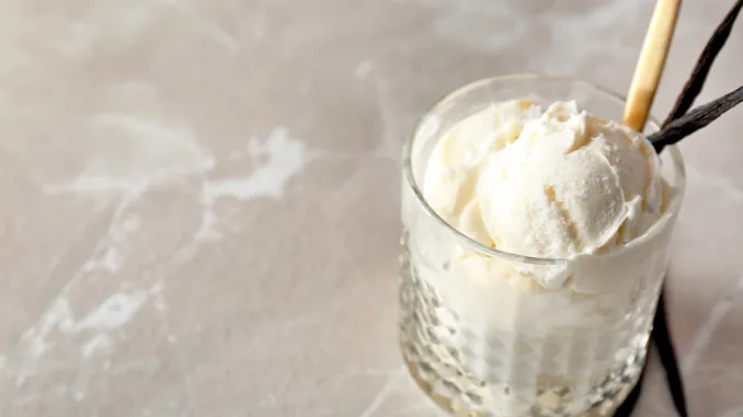 Glass with tasty vanilla ice cream on light background. Vanilla ice cream