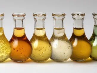 A collection of assorted glass bottles filled with vibrant liquids, ideal for illustrating chemistry concepts, scientific research, and laboratory environments. Lipases