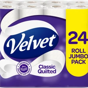 Velvet Classic Quilted Toilet Tissue 24 Rolls - Luxuriously Soft, Strong and Absorbent Toilet Roll - Jumbo Bulk Pack 24 Rolls - 3-ply - White