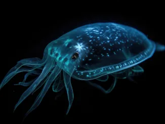 quorum sensing, bioluminescence, deep-sea creature hiding in the darkness, its bioluminescent skin visible only when threatened, created with generative ai