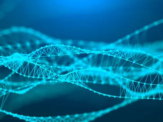 new genes, Music abstract blue background. Molecular background with DNA. Network concept with connecting dots and lines. Futuristic technology AI element. Big data visualization. Sound wave. 3d rendering