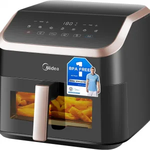 Midea Large Air Fryer with See-Thru Window, 8.5 L, 8-in-1, Heatexpress Rapid Air Technology, Uses No Oil, Max Crisp, Non-Stick, Flexible Heating +1 Minute Button, Dishwasher Safe, Black