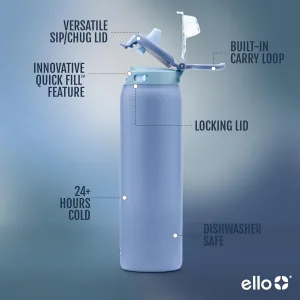 Ello Pop & Fill Stainless Steel Water Bottle with Quick Fill Technology, Double Walled Vacuum Insulated Metal, Leak Proof Locking Lid, Sip & Chug,...