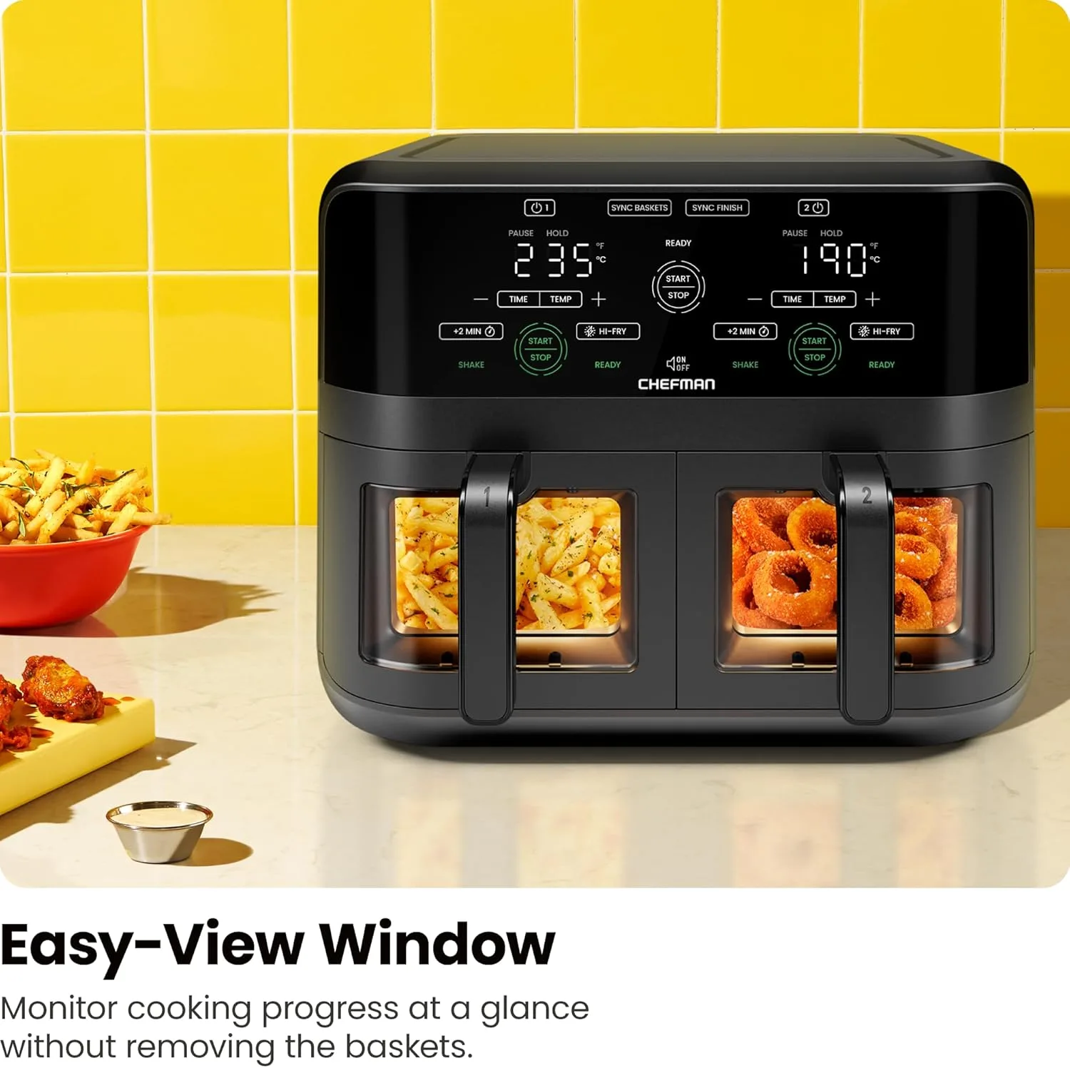 71JzuY0tQXL._AC_SL1500_ CHEFMAN 5.6L Dual Air Fryer Oven, Dishwasher Safe Frying Baskets, Double Air Fryer with Sync Finish, Hi-Fry, Auto Shutoff and Easy View Windows, Black