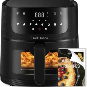 HAIMEEC Air Fryer 6L, 8 cooking options, Visual Window, Max temp 220°C, Nonstick Basket, Digital touchscreen, Easy clean, Shake Reminder, Quiet