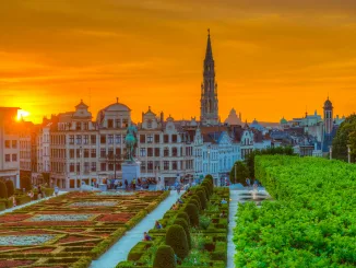 BRUSSELS, BELGIUM, AUGUST 4, 2018: People are enjoying sunset at the park Mont des Arts in Brussels, Belgium
