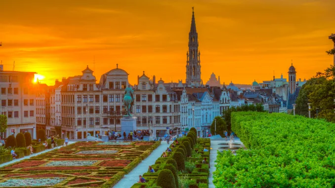 BRUSSELS, BELGIUM, AUGUST 4, 2018: People are enjoying sunset at the park Mont des Arts in Brussels, Belgium